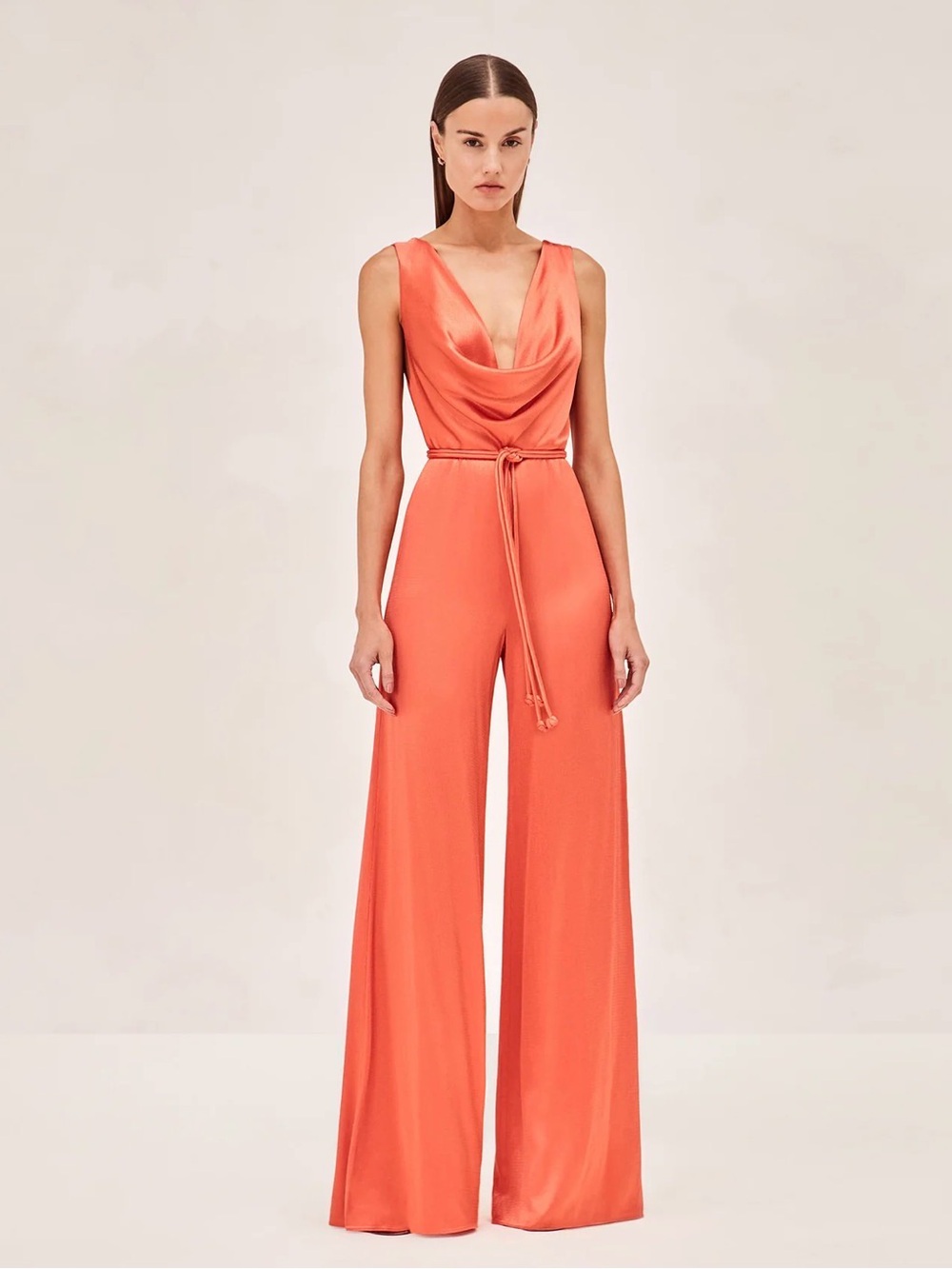 Alexis Sare Coral Draped Shiny Cowl-Neck Wide-Leg Jumpsuit